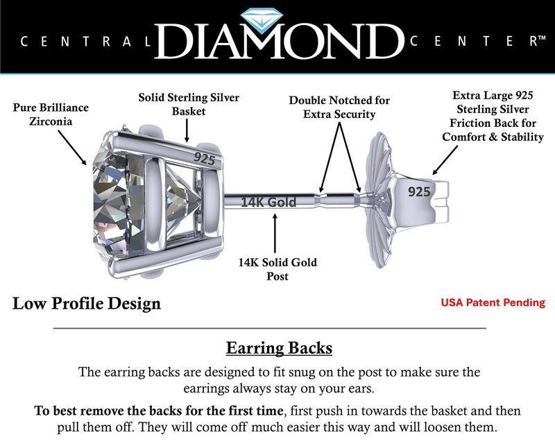 Central Diamond Center 14K Solid Gold Post & Sterling Silver Made with Swarovski 4 Prong CZ Stud Earrings - Platinum Plated - 7.50mm - 3.00cttw - Image 2